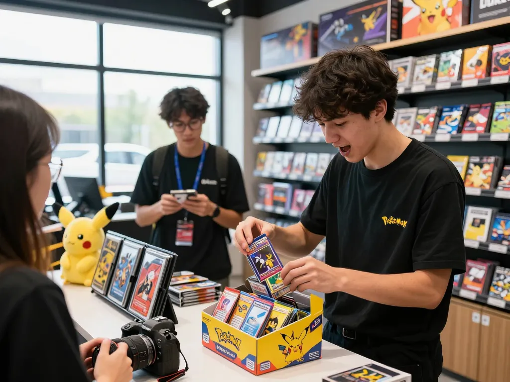 Excited collector opening a Pokemon Booster Box with colorful packs in a vibrant gaming shop.