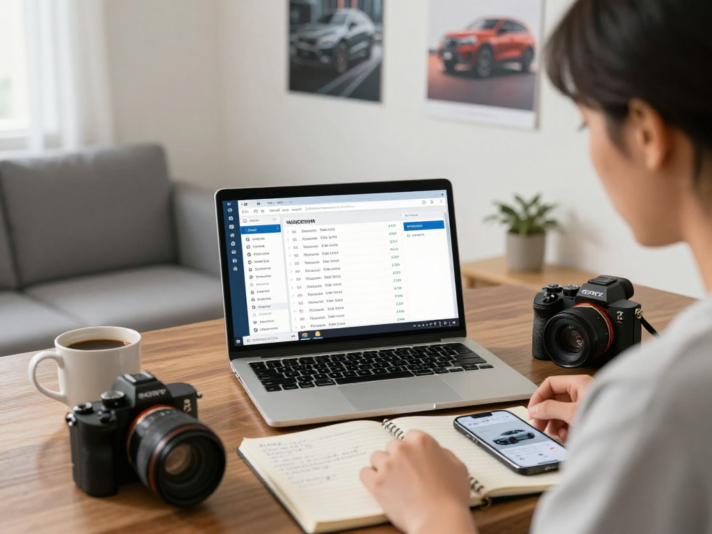 Buyer researching carfax vin lookup free in home office with laptop and notes.