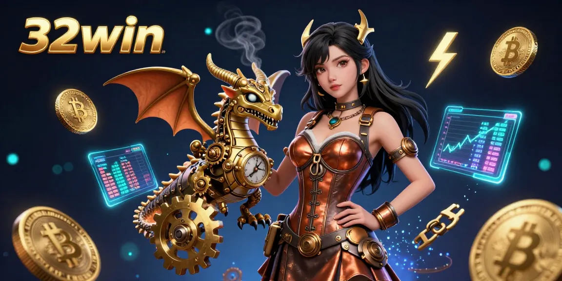 Engage with 32win's vibrant online gaming world through this dynamic 3D illustration, showcasing excitement and innovation.
