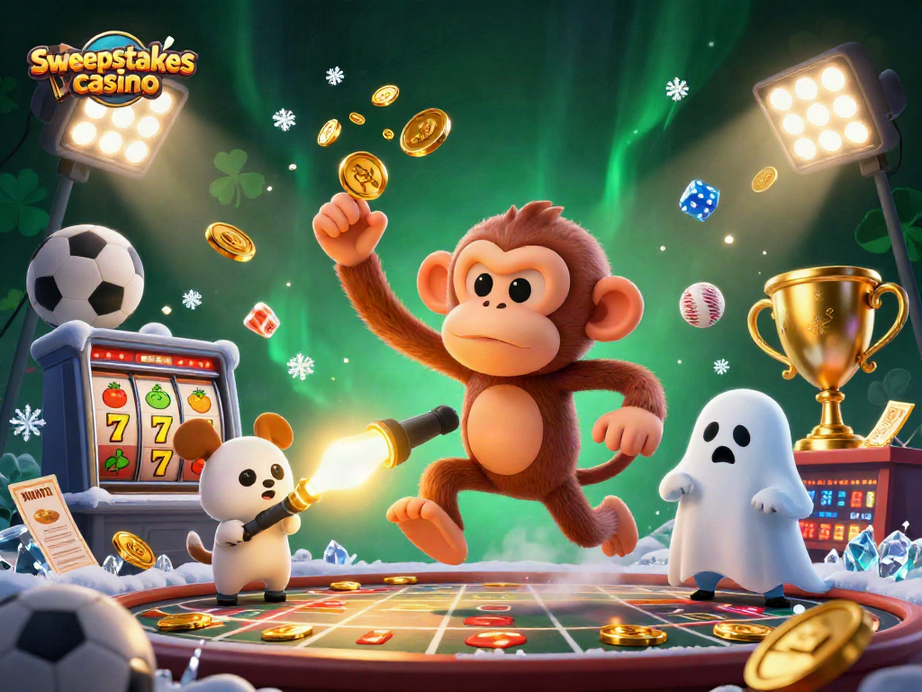 Sweepstakes casino features a playful poltergeist monkey and a ghost-hunter puppy amidst vibrant gaming elements