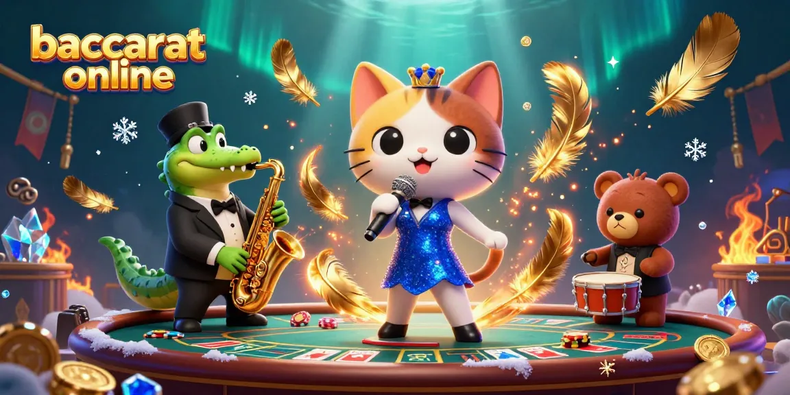 Baccarat online scene featuring a jazz-singer cat, saxophone-playing crocodile, and drum-playing bear cub in a vibrant casino.