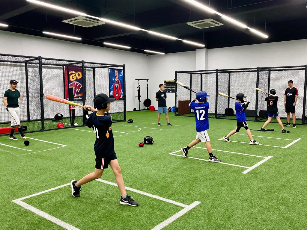 Exciting hitclub sports training scene with young athletes practicing baseball inside modern facility