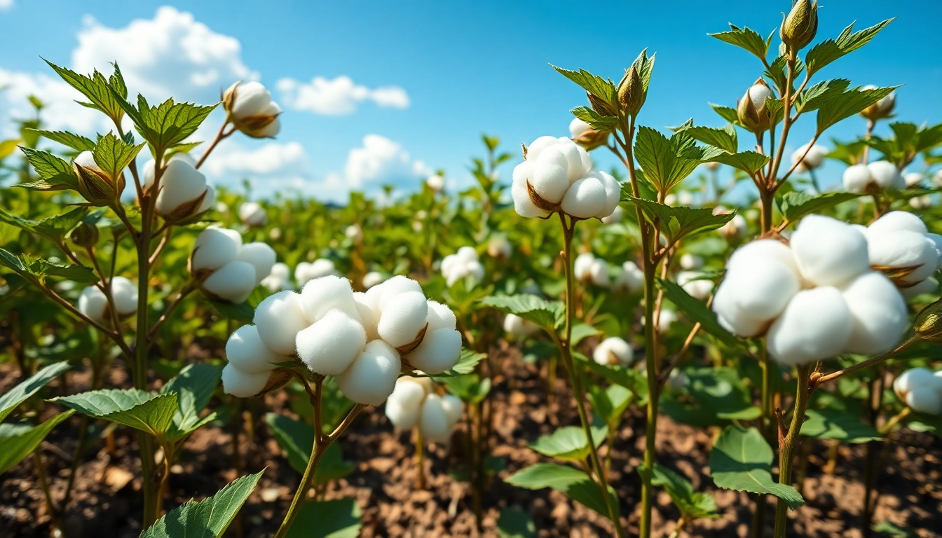 Katoenplanten in bloei met rijpe bollen onder een blauwe lucht.