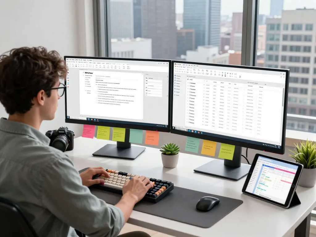 WPS 下载 interface shown on modern workspace monitors with productivity tools and a stylish setup