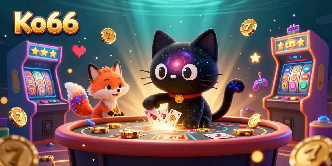 Engage with KO66's cosmic casino adventures featuring playful slots, a black hole cat, and colorful gaming elements.