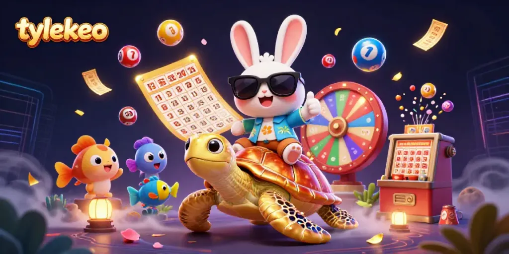 Engage with tylekeo's thrilling lottery vibes, featuring a lucky rabbit and a golden turtle in a vibrant casino scene.