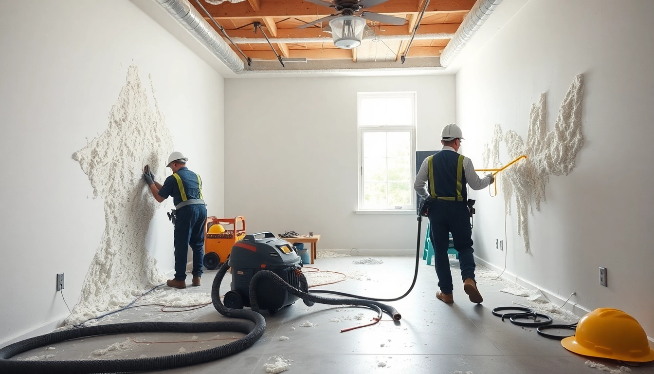 Professional spray foam removal showing skilled workers efficiently cleaning foam from walls.