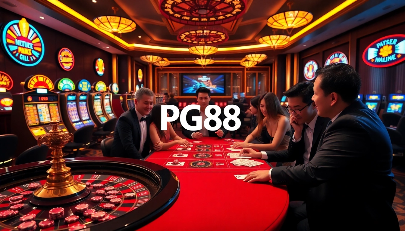 Players enjoying an exciting game at PG88 casino, showcasing luxury and high-stakes action.
