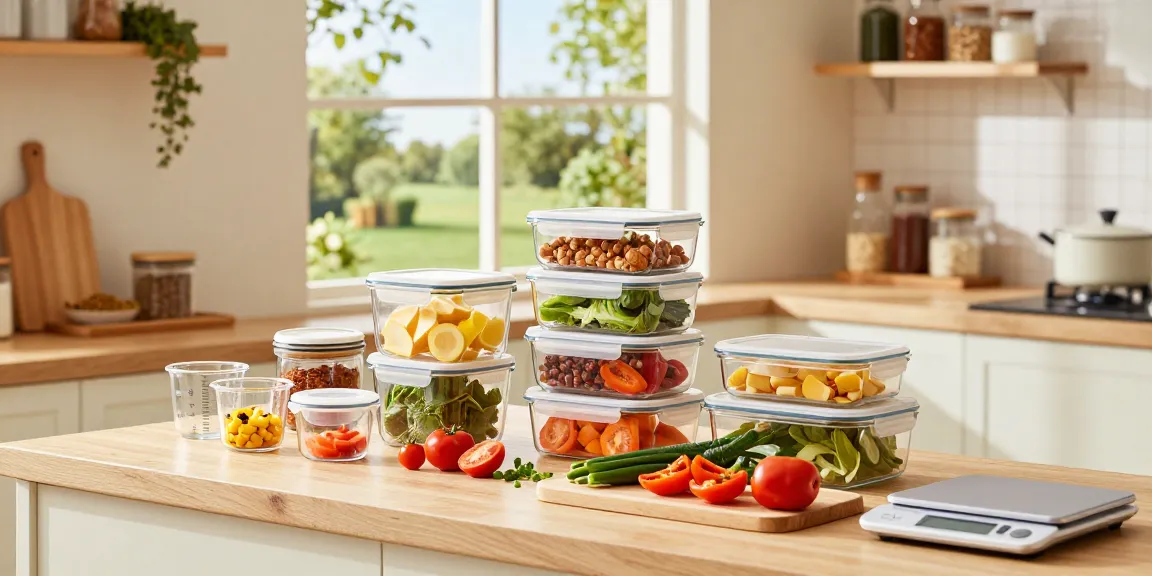 Efficient food storage containers organized on a kitchen counter with fresh ingredients ready for meal prep