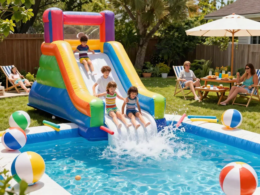 Children having fun on a colorful water slide, splashing into a pool during a sunny backyard party.