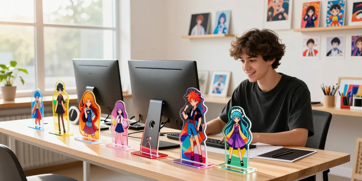 Colorful custom acrylic stand design with vibrant anime imagery showcasing creativity and personalization.