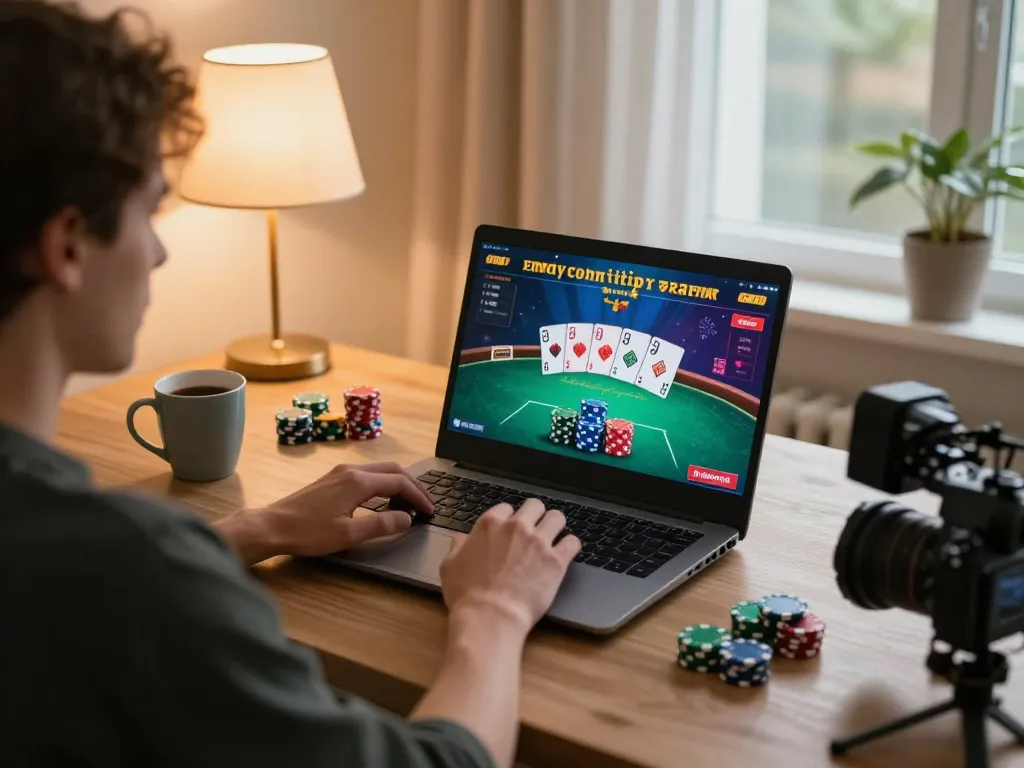 Engaging person playing online poker at home using net88.de.com on their laptop