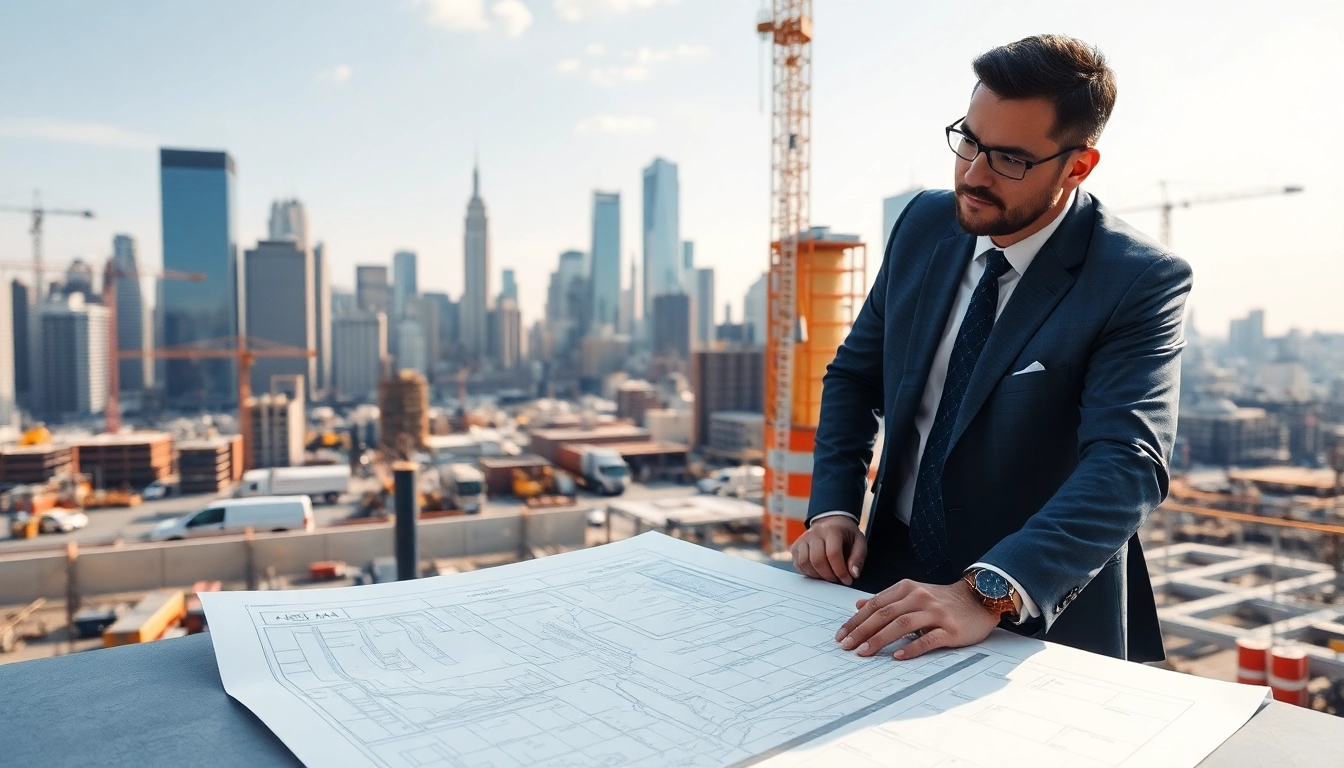 New York City Construction Manager supervising a vibrant construction site with skyscrapers.