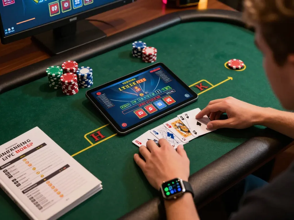 Engaging in live blackjack strategy on link fly88, showcasing a tactical online gaming setup.