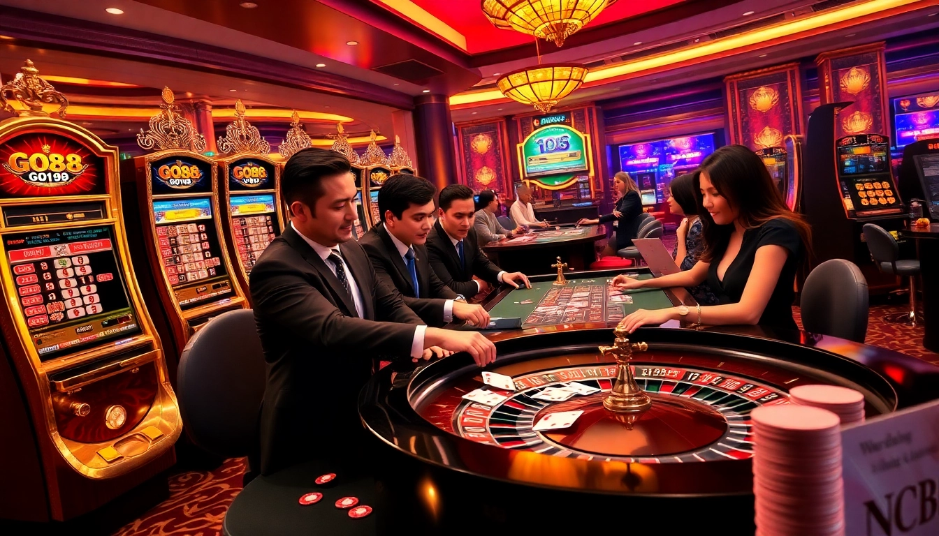 GO88 casino players celebrating a thrilling win at roulette with vibrant gaming elements.