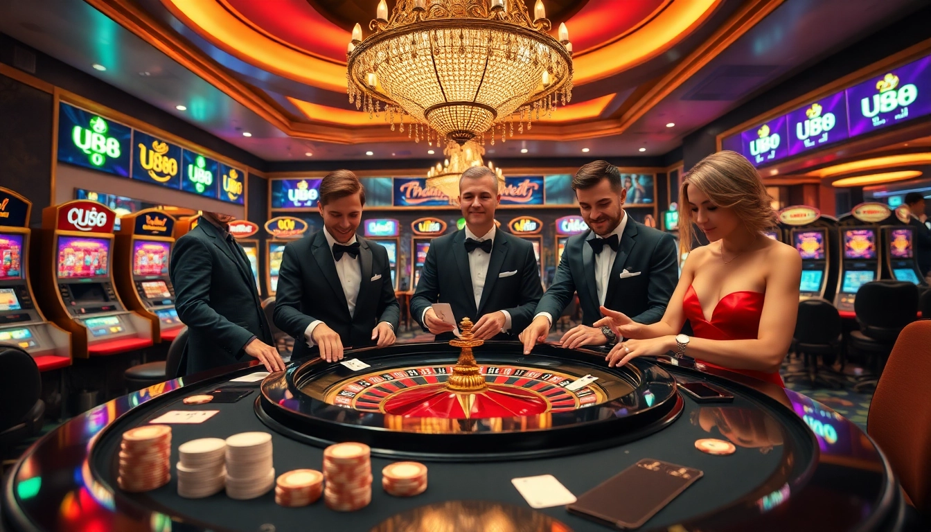 Excited players at U 888 casino table, engaging in thrilling gaming experience with chips and cards.
