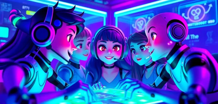 Interactive scene from crush on ai featuring animated characters in a vibrant chat room.