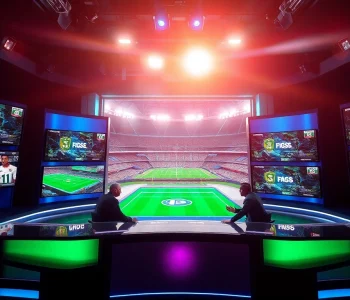 Engaging scene of sports broadcasting with hosts discussing highlights at a studio desk.
