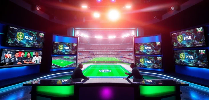 Engaging scene of sports broadcasting with hosts discussing highlights at a studio desk.