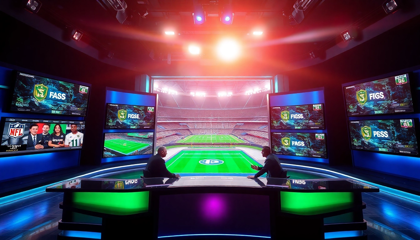 Engaging scene of sports broadcasting with hosts discussing highlights at a studio desk.