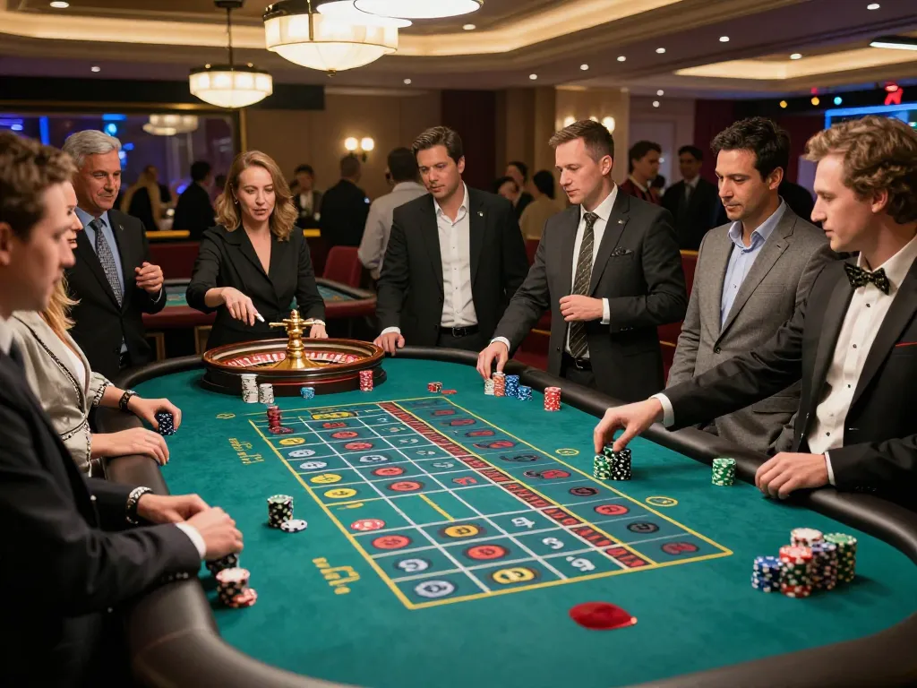 Players engaging at a roulette table in a luxury casino, capturing the FC88 excitement of strategic betting moments