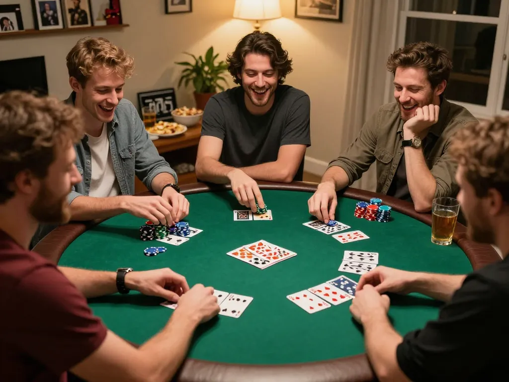 Friends enjoying a man club poker night at home with chips and cards on the table