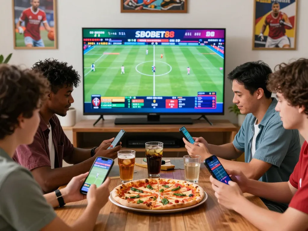 SBOBET88 sports betting scene with friends enjoying live matches and checking odds