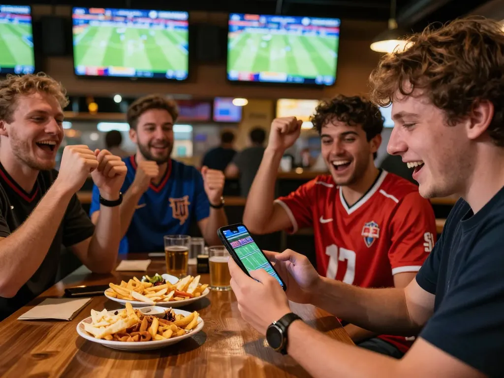 Pengguna SBOBET memasang taruhan di smartphone di bar olahraga yang ramai, teman-teman bersorak di sekitarnya.