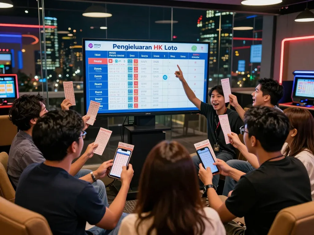 Kelompok yang bersemangat menganalisis hasil Pengeluaran HK Lotto di ruang permainan modern.