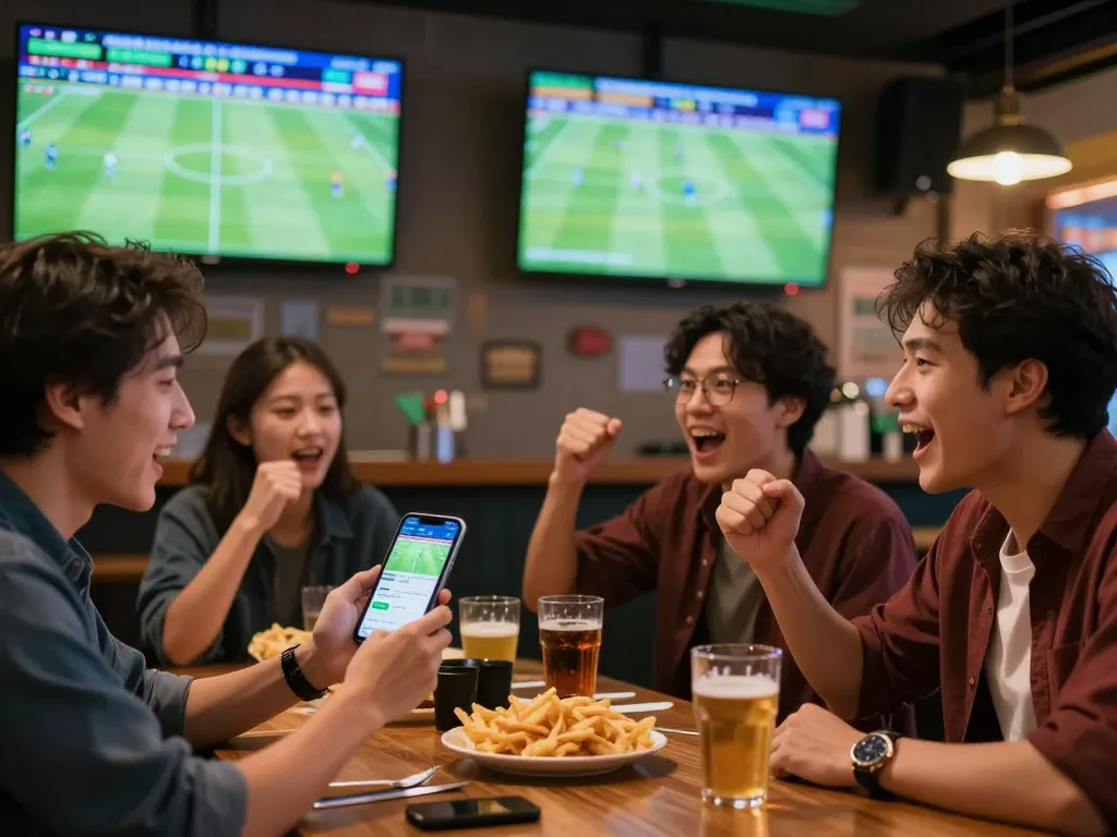 Kèo nhà cái betting action at a lively sports bar during a football match with fans engaged.