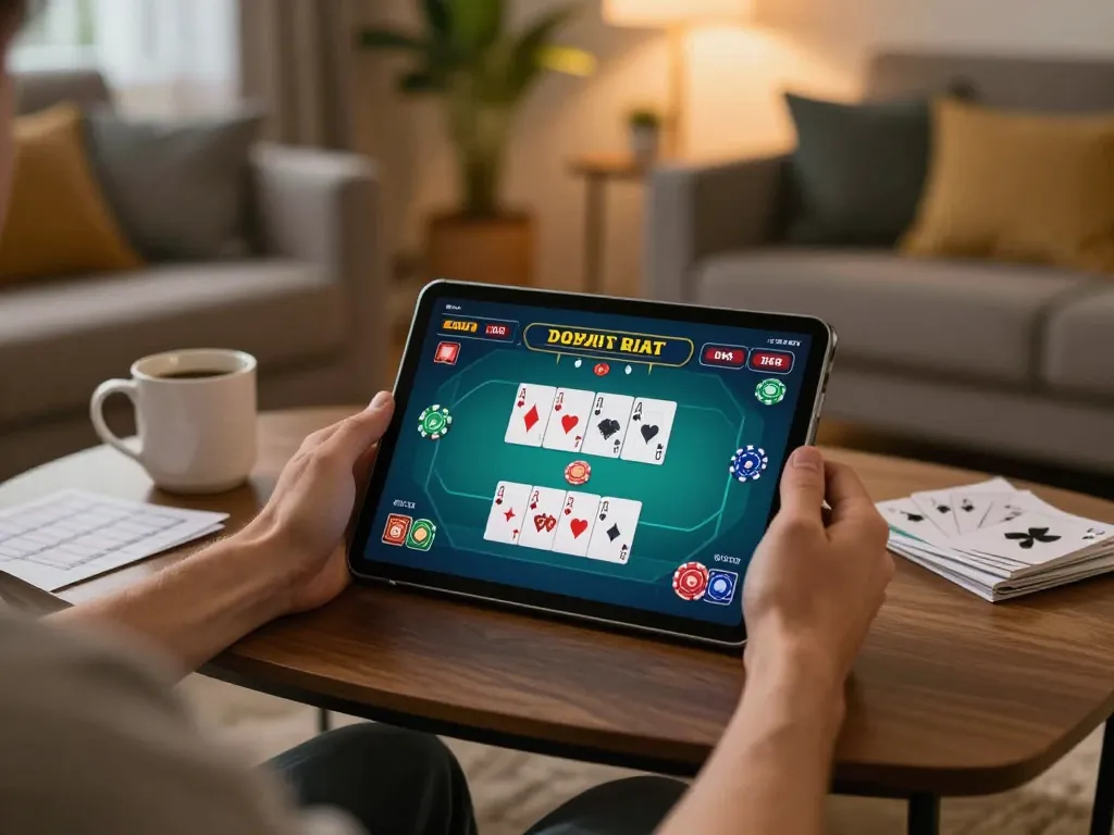 Engaged player strategizing in dewa6d while using a tablet for mobile poker in a cozy living room