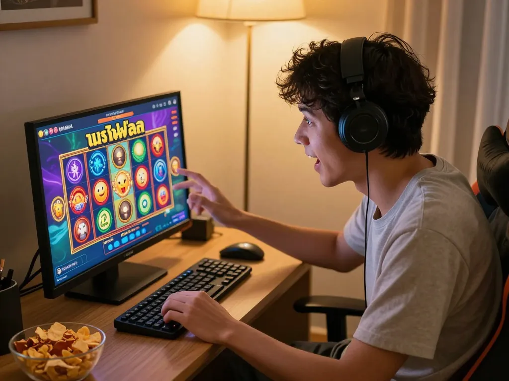 Engaging scene of a user playing เบทฟลิก online slots on a mobile device in a cozy room.