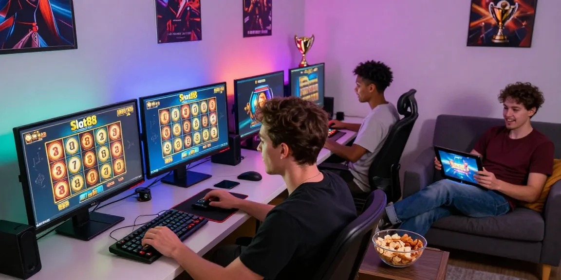 JURAGANBOLA online gaming experience with players enjoying Slot88 games across various devices in a lively setting.