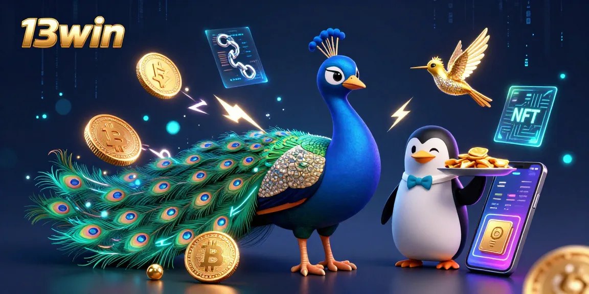 Engage with 13win's vibrant casino experience featuring a peacock, and penguin, and astonished hummingbird.