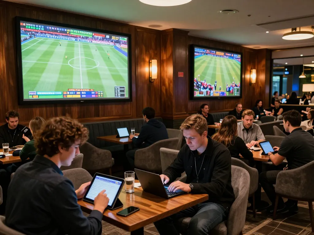 Betting on live sports at LC88, showcasing focused bettors analyzing odds in a stylish lounge.