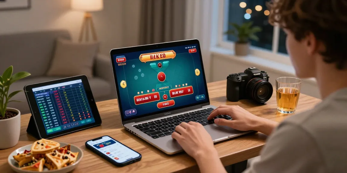 Player enjoying บาคาร่า in a modern home setup, laptop with live dealer game and tablet displaying statistics.