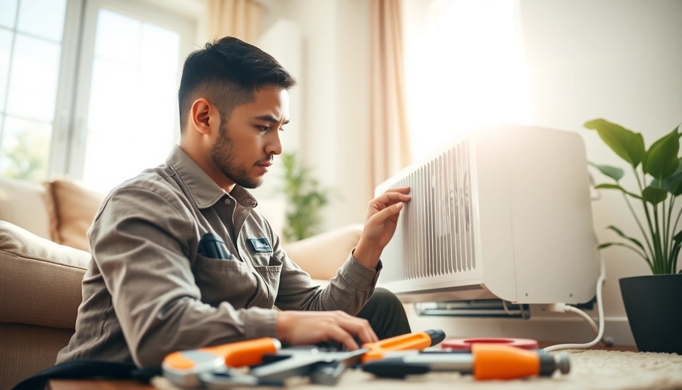 Emergency hvac repair bc technician fixing heating unit in a bright living room related image