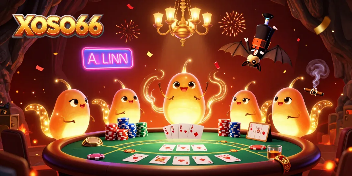 XOSO66 glows in a vibrant casino scene with bioluminescent worms illuminating a poker game.
