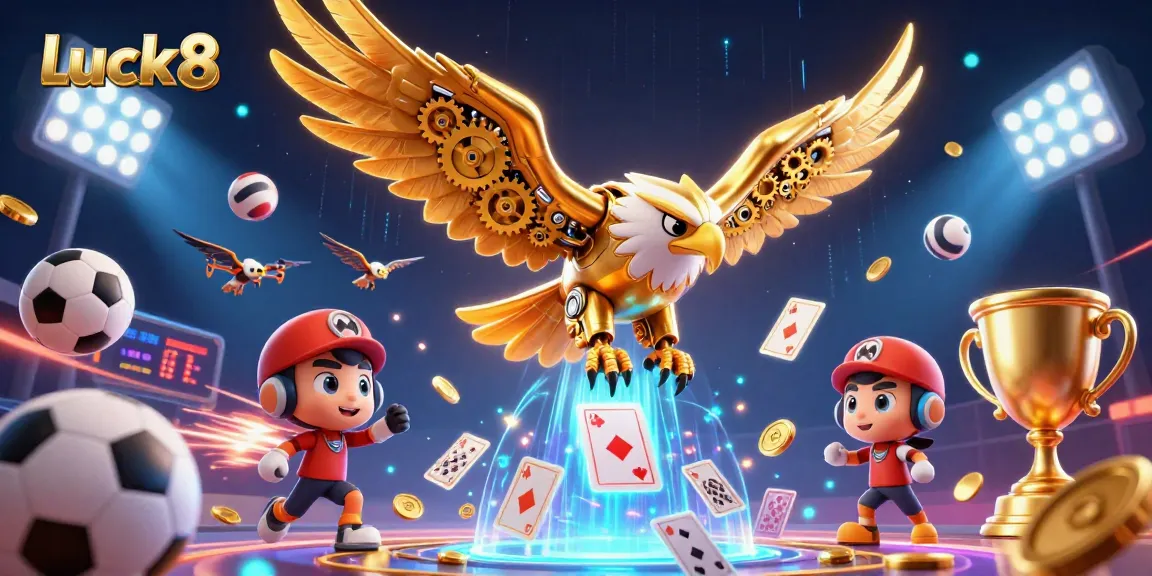 Experience luck8's thrilling casino atmosphere through a cybernetic eagle amidst vibrant gambling elements.