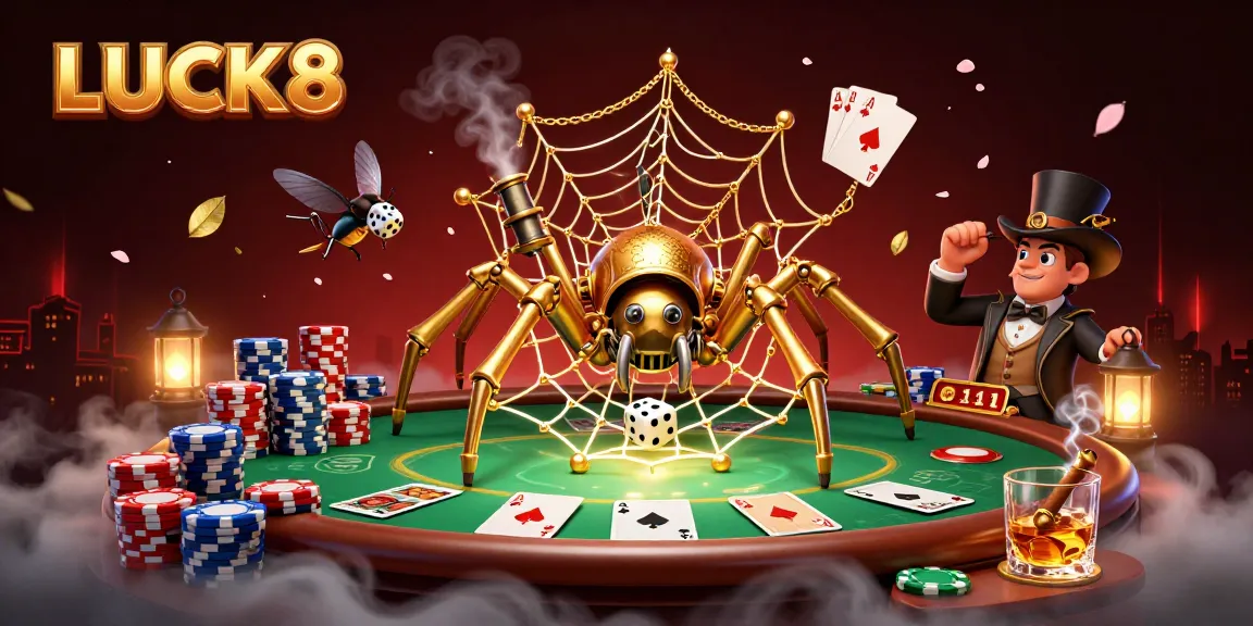 Engage with LUCK8 at this vibrant casino scene featuring poker, chips, and steampunk elements.