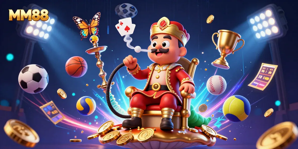 Engage with MM88's vibrant casino scene featuring a caterpillar master and flying sports elements.