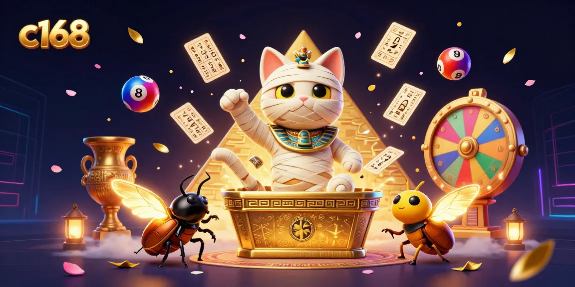 Win big at c168 with vibrant lottery balls and an exciting casino scene featuring unique characters.