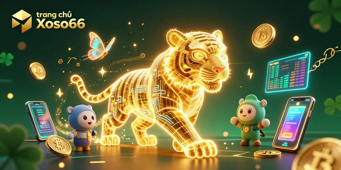 Bet on the trang chủ Xoso66 with a vibrant casino scene featuring a glowing golden tiger and cryptocurrency elements.