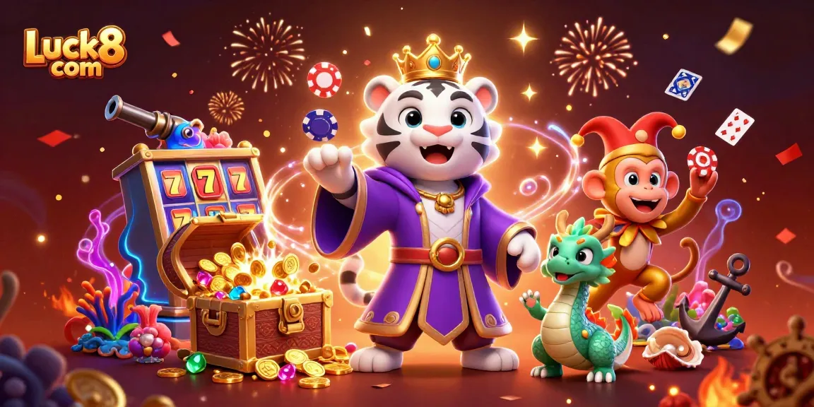 Experience gaming excitement at Luck8 com with a vibrant casino scene showcasing slot machines and festive characters.