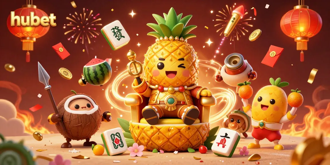 Experience vibrant action with hubet as the golden pineapple king reigns supreme in a colorful casino scene.